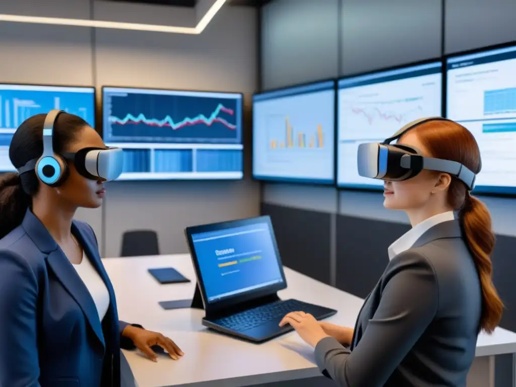 Simulación logística: estudiantes inmersos en moderna aula virtual Estudiantes concentrados en simulaciones interactivas de logística en aula moderna