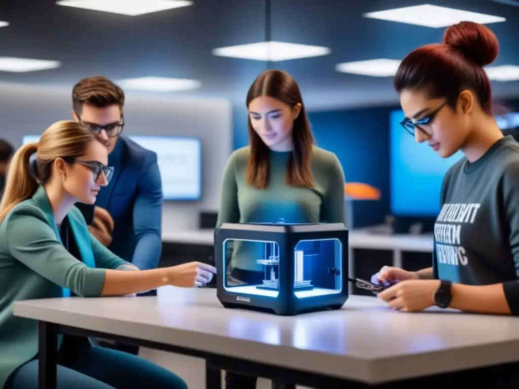 Clase del futuro: Taller de impresión 3D en acción Estudiantes innovando con impresión 3D en educación logística en un aula futurista llena de tecnología y creatividad