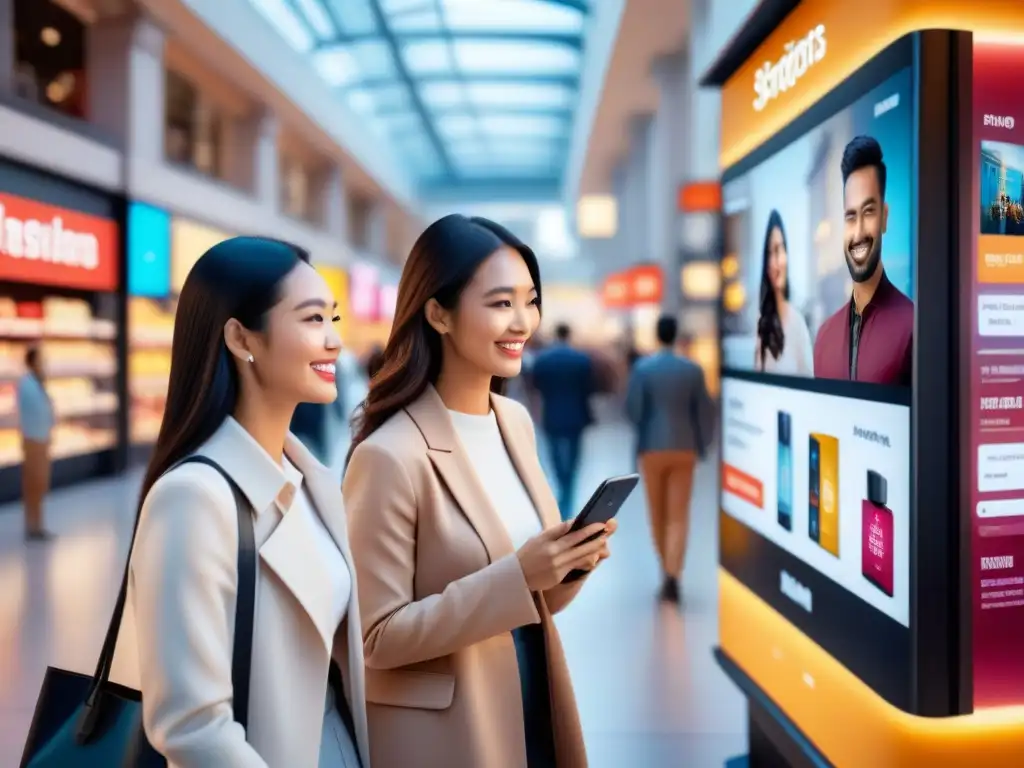 Experiencias de compra personalizadas con IA en un mall futurista Una experiencia de compra futurista con IA en personalización de compras en un centro comercial bullicioso