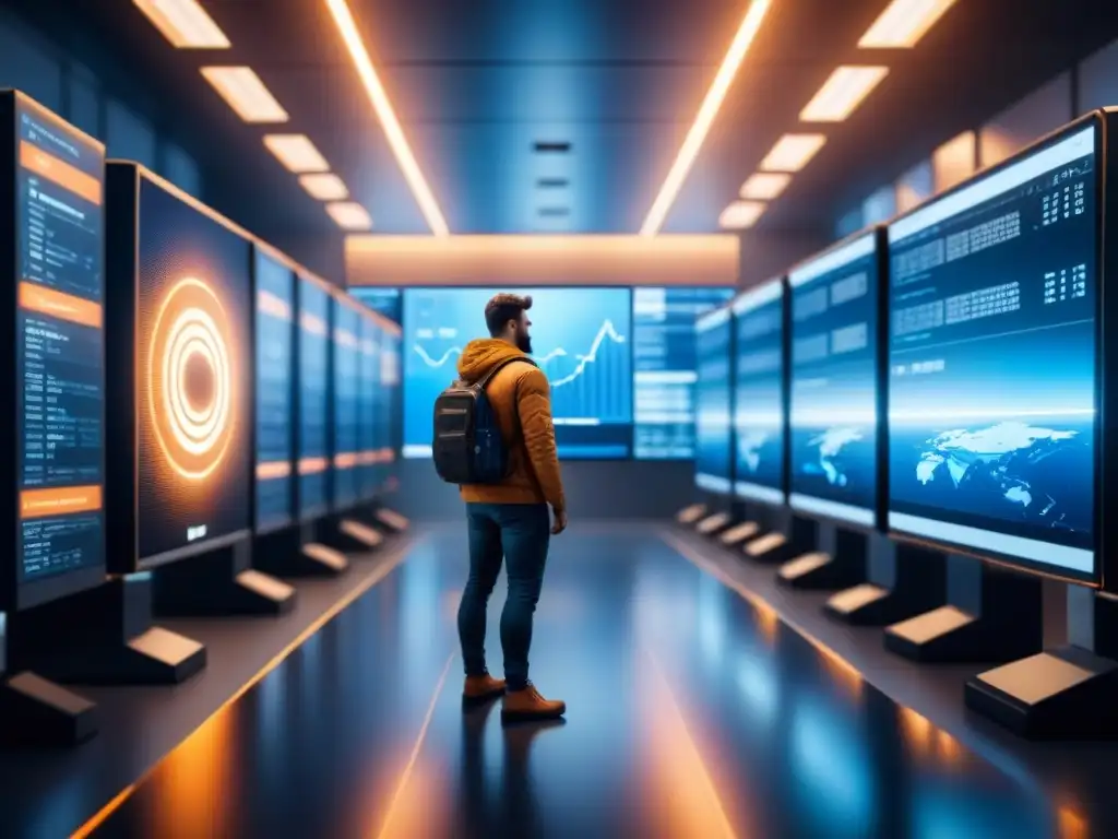 Un experto en ciberseguridad monitorea un candado digital en una oficina de empresa logística, evocando protección en el mundo digital