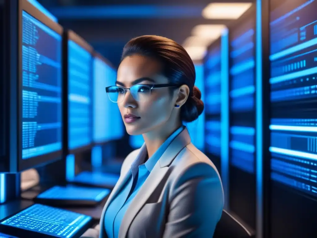 Experto en ciberseguridad analizando código en centro de datos Un experto en ciberseguridad analiza código en servidores, con expresión determinada y rodeado de tecnología en un centro de datos