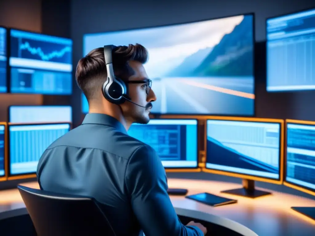 Un experto en ciberseguridad analiza código en múltiples pantallas en una sala llena de tecnología avanzada, fusionando logística, IA y ciberseguridad