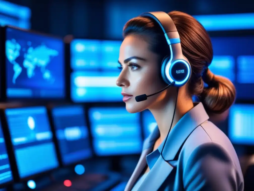 Experto en ciberseguridad protege la cadena digital con intensidad Un experto en ciberseguridad analiza datos en pantallas en una sala de control de alta tecnología
