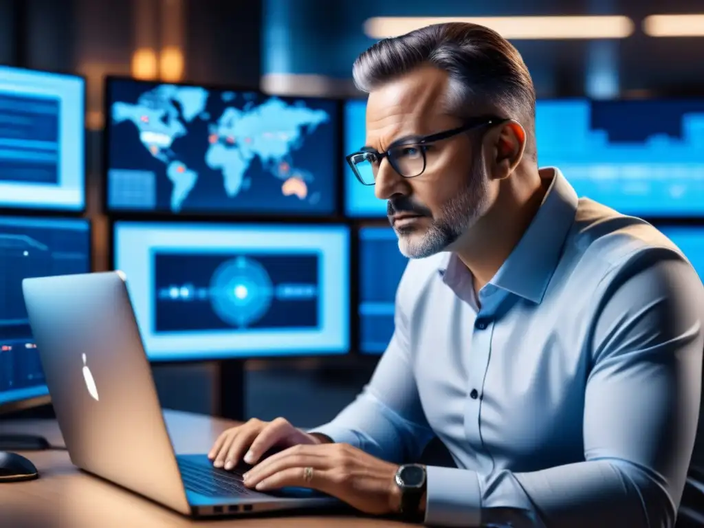 Experto en ciberseguridad en centro de operaciones Un experto en ciberseguridad analiza un sistema de seguridad de red en un centro de operaciones de alta tecnología