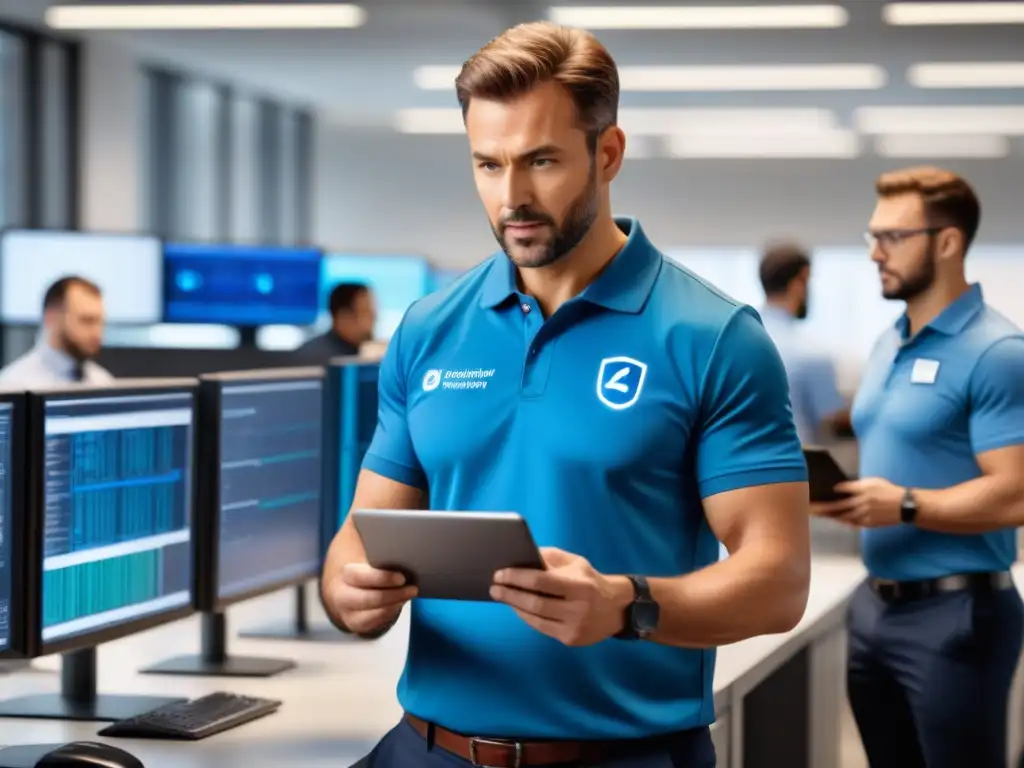 Instalación de software de cifrado en empresa logística Un experto en ciberseguridad instala software de encriptación en una oficina de logística