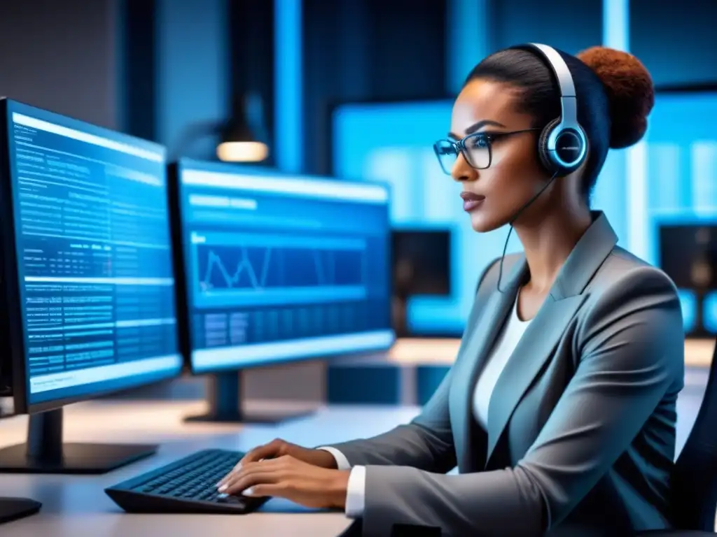 Un experto en seguridad cibernética analiza código en múltiples pantallas en una oficina moderna