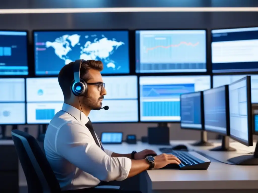 Experto en ciberseguridad protegiendo sistemas logísticos Experto en seguridad cibernética analizando datos en centro de comando de logística innovadora