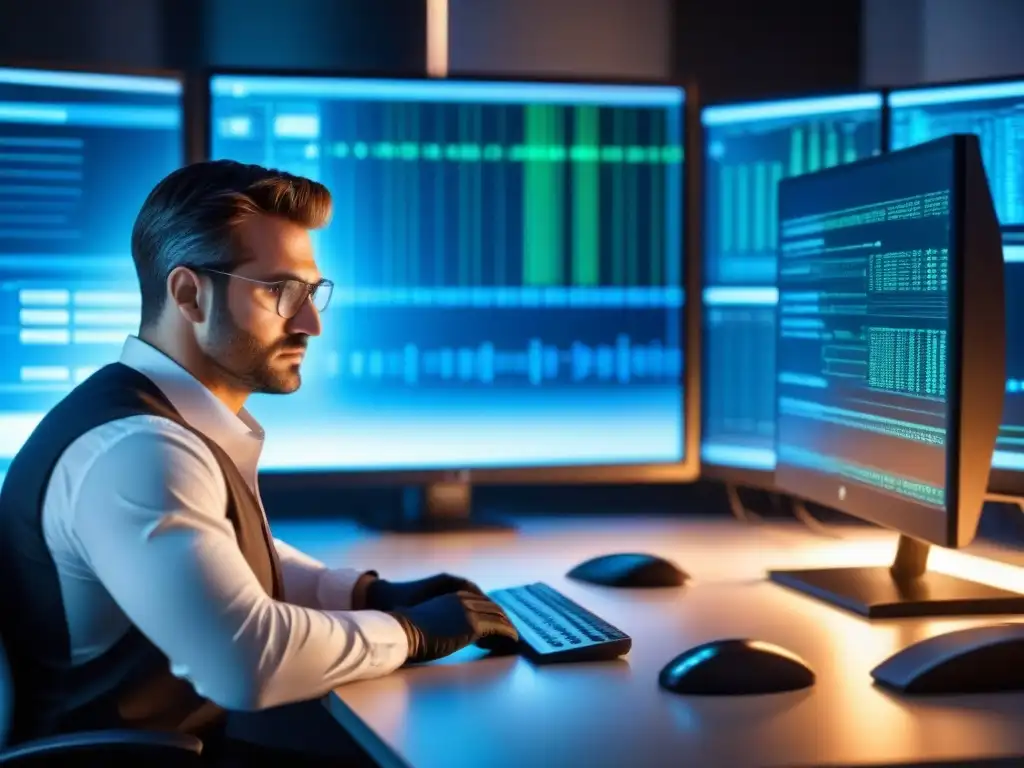 Experto en forense digital analizando código con determinación y tecnología de punta Un experto en tecnología forense analiza una pantalla llena de código, rodeado de equipos de alta tecnología