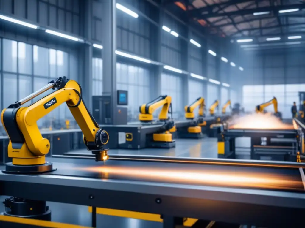 Fábrica inteligente con robots ensambladores de productos personalizados Una fábrica inteligente en logística: brazos robóticos ensamblan productos personalizados eficientemente mientras trabajadores supervisan de cerca