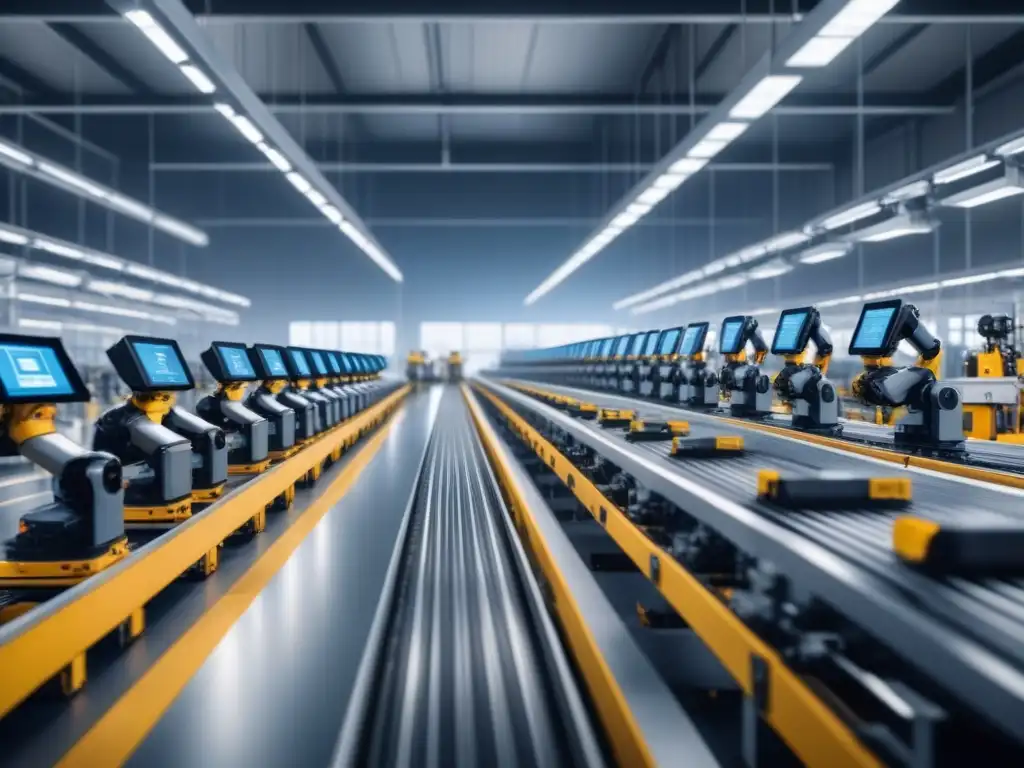 Instalación de fabricación inteligente: precisión y tecnología Una fábrica inteligente en logística, donde robots y trabajadores colaboran en la producción eficiente de productos personalizados