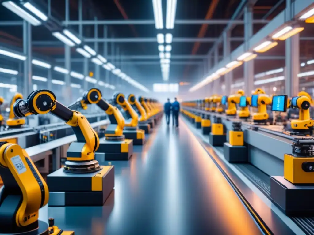 Fabrica inteligente: innovación y eficiencia en la producción Una fábrica inteligente vibrante con brazos robóticos ensamblando productos personalizados con precisión y eficiencia