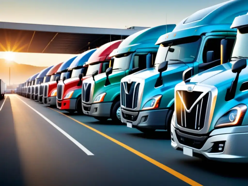 Flota de camiones con GPS en terminal logística Una flota de camiones comerciales modernos estacionados en un terminal logístico, destacando tecnologías de seguimiento para eficiencia