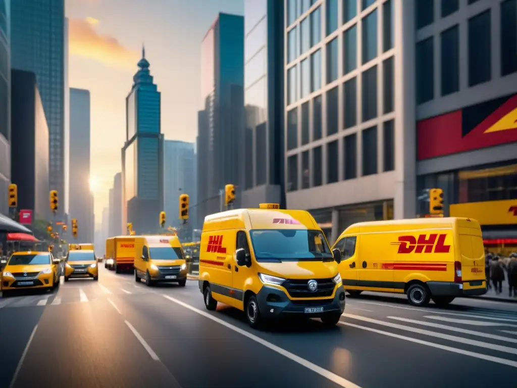 Innovación logística: Flota DHL en la ciudad Flota de camiones de DHL en ciudad, con gestión de flotas en tiempo real