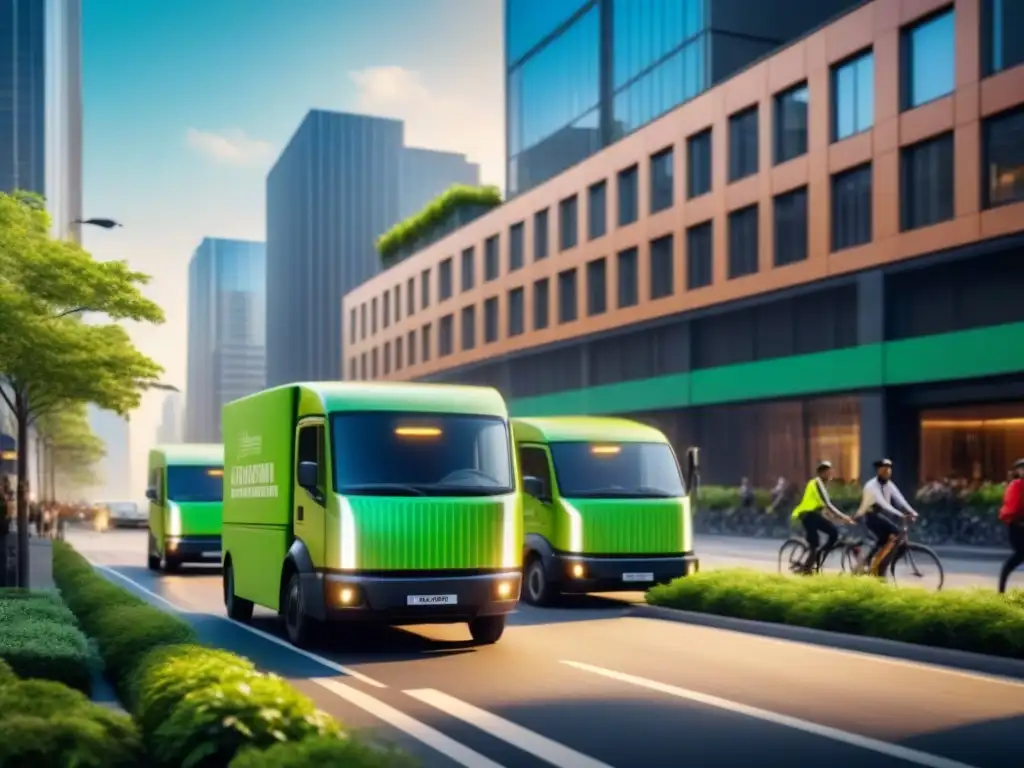 Flota eco en la ciudad: camiones eléctricos y sostenibilidad urbana Flota de camiones eléctricos en una calle urbana, destacando la sostenibilidad en logística