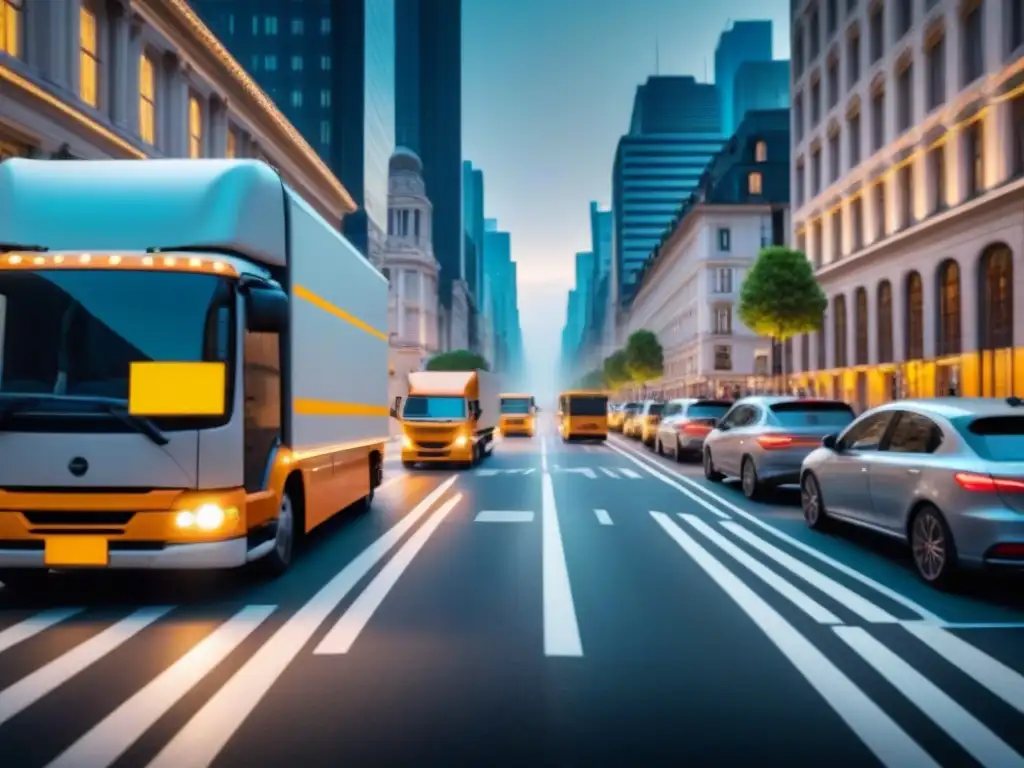 Optimización de rutas en tiempo real: eficiencia en la ciudad Flota de camiones de entrega optimizando rutas en tiempo real en una bulliciosa calle de la ciudad