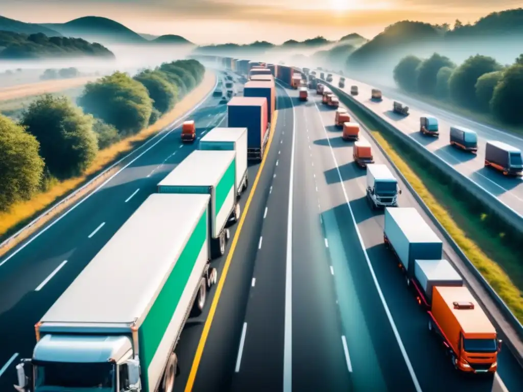 Flota de camiones logísticos con tecnología de rutas optimizadas en acción Flota de camiones de logística con tecnología de optimización de rutas en tiempo real moviéndose eficientemente en autopista