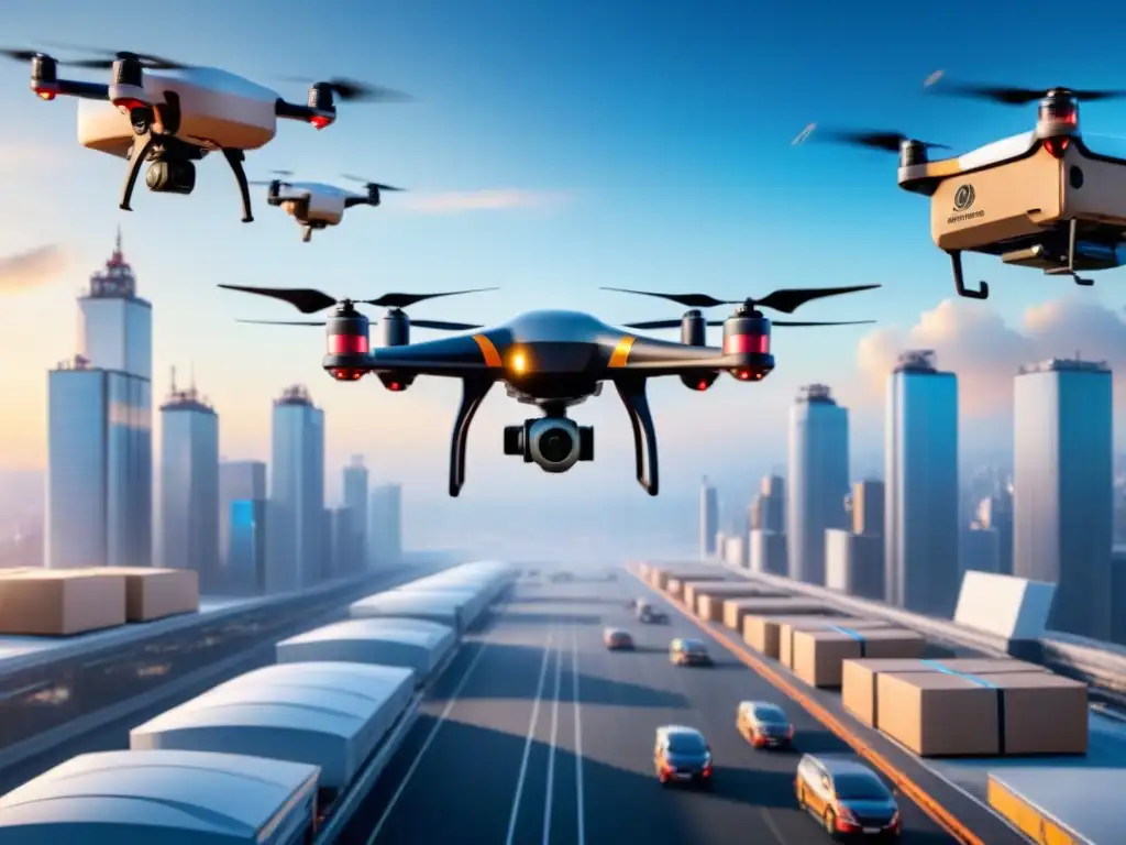 Flota de drones avanzados con GPS en operaciones logísticas urbanas Flota de drones avanzados con tecnología GPS sobre centro logístico urbano
