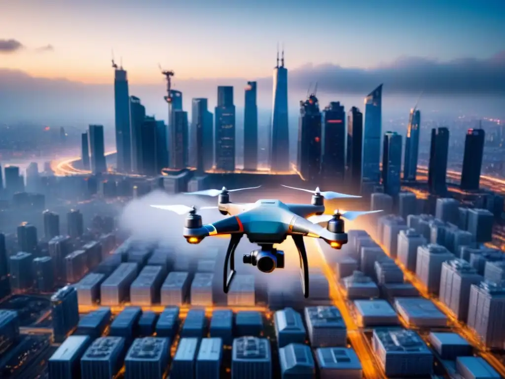 Drones avanzados con GPS surcan la ciudad Flota de drones avanzados con tecnología GPS sobrevolando la ciudad