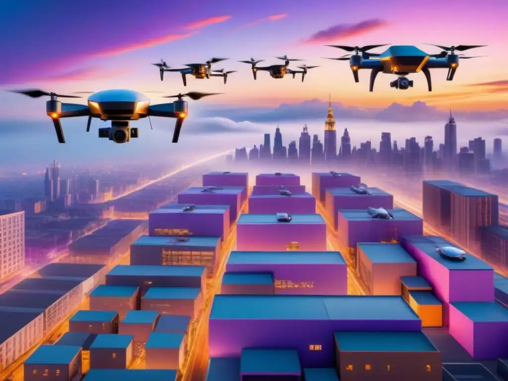 Flota de drones de entrega sobre la ciudad al atardecer Una flota de drones de entrega en formación sobre una ciudad al atardecer, mostrando tecnología y eficiencia en logística con drones