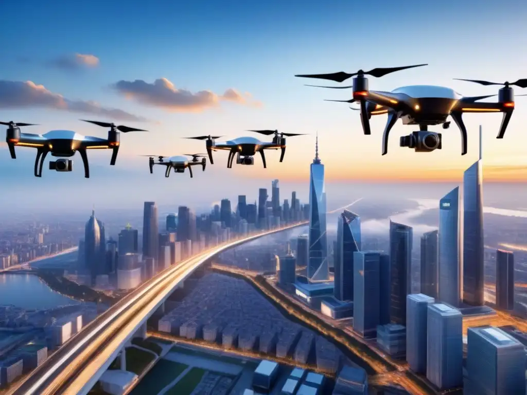Flota de drones con GPS coordinando entregas en ciudad Una flota de drones con tecnología GPS coordinando entregas sobre una ciudad