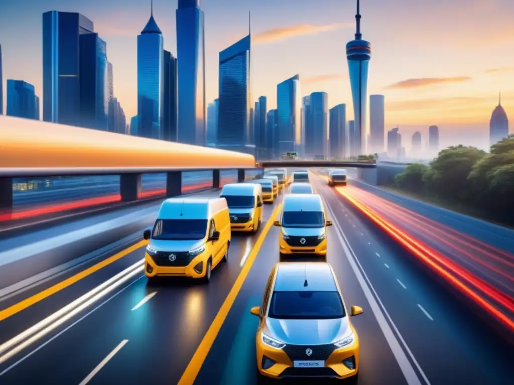 Flota moderna con GPS en ciudad Flota moderna en movimiento con tecnología GPS y telemática en autopista urbana