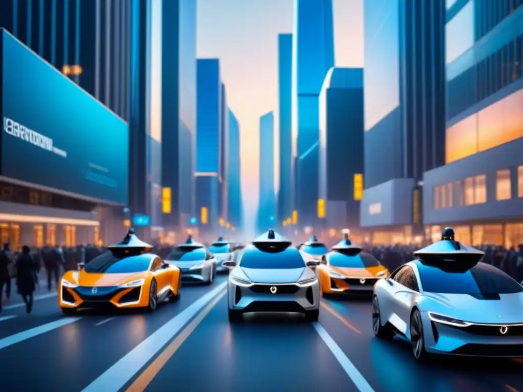 Flota autónoma en la ciudad del futuro Flota de vehículos autónomos en ciudad moderna