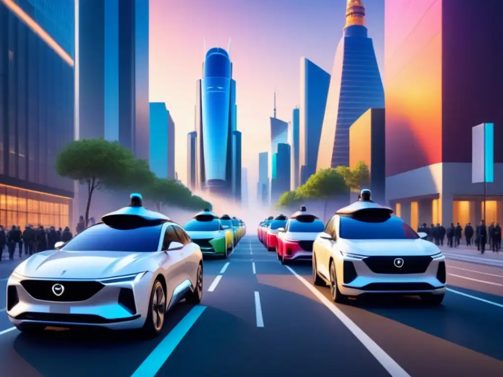 Flota autónoma: innovación y eficiencia en la ciudad futurista Una flota de vehículos autónomos en una ciudad futurista