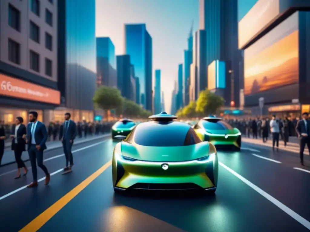 Flota futurista de vehículos eléctricos autónomos en la ciudad Una flota de vehículos autónomos eléctricos eficiencia energética surca la ciudad, fusionando tecnología avanzada y sostenibilidad ambiental