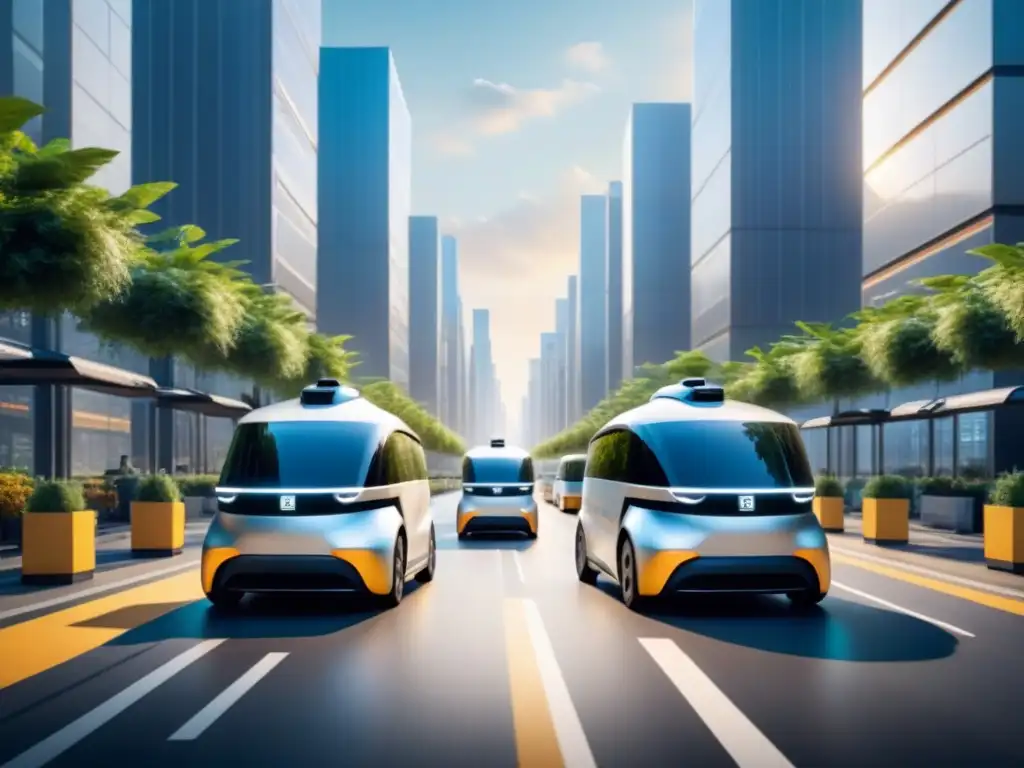 Flota de vehículos eléctricos autónomos en centro logístico ecofriendly Una flota de Vehículos autónomos eléctricos eficiencia energética entregando paquetes en un centro logístico urbano futurista