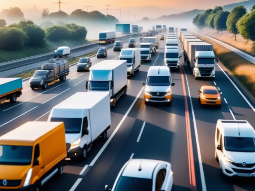 Flota tecnológica en movimiento: gestión eficiente de logística Flota de vehículos avanzados en autopista, simbolizando el análisis big data en transporte logística