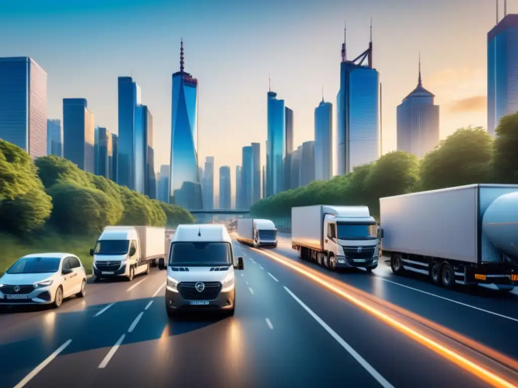 Flota moderna de vehículos logísticos avanzados en movimiento Flota de vehículos comerciales modernos con GPS en autopista urbana