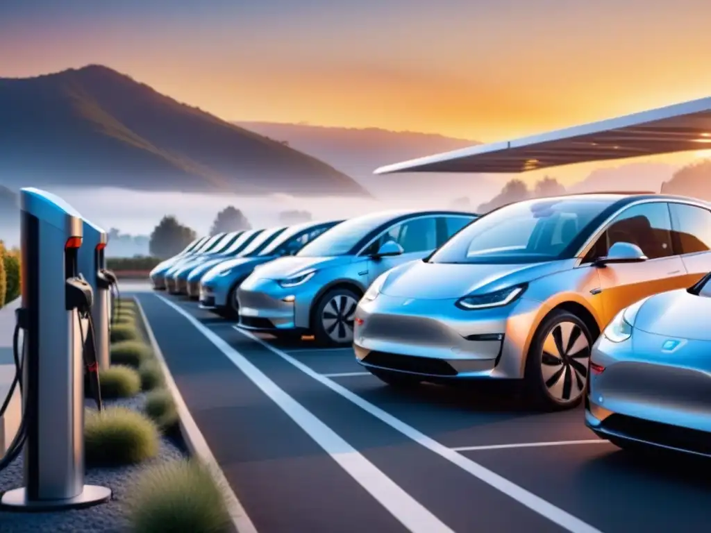 Flota eléctrica bajo atardecer vibrante: eficiencia y sostenibilidad Flota de vehículos eléctricos cargando al atardecer con una gestión de flotas eficiente para una huella reducida