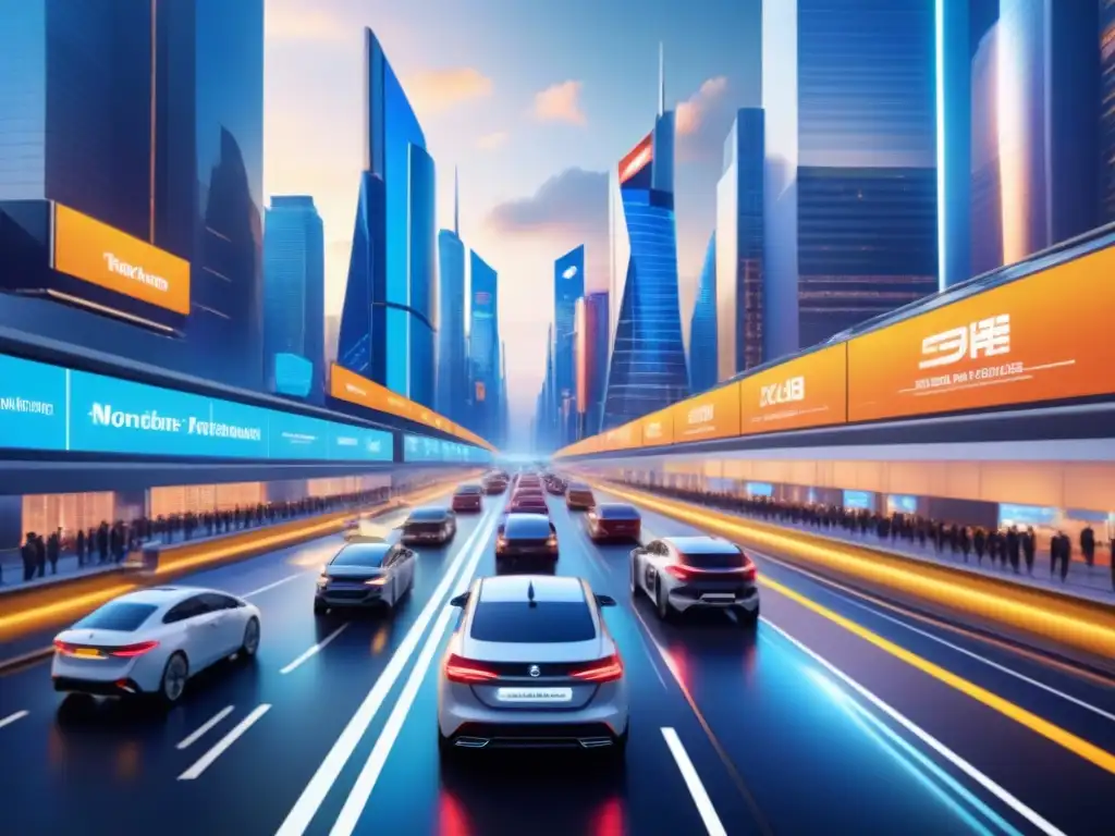 Flota de vehículos modernos con tecnología de rastreo en ciudad futurista Flota de vehículos modernos con tecnología de seguimiento en ciudad futurista