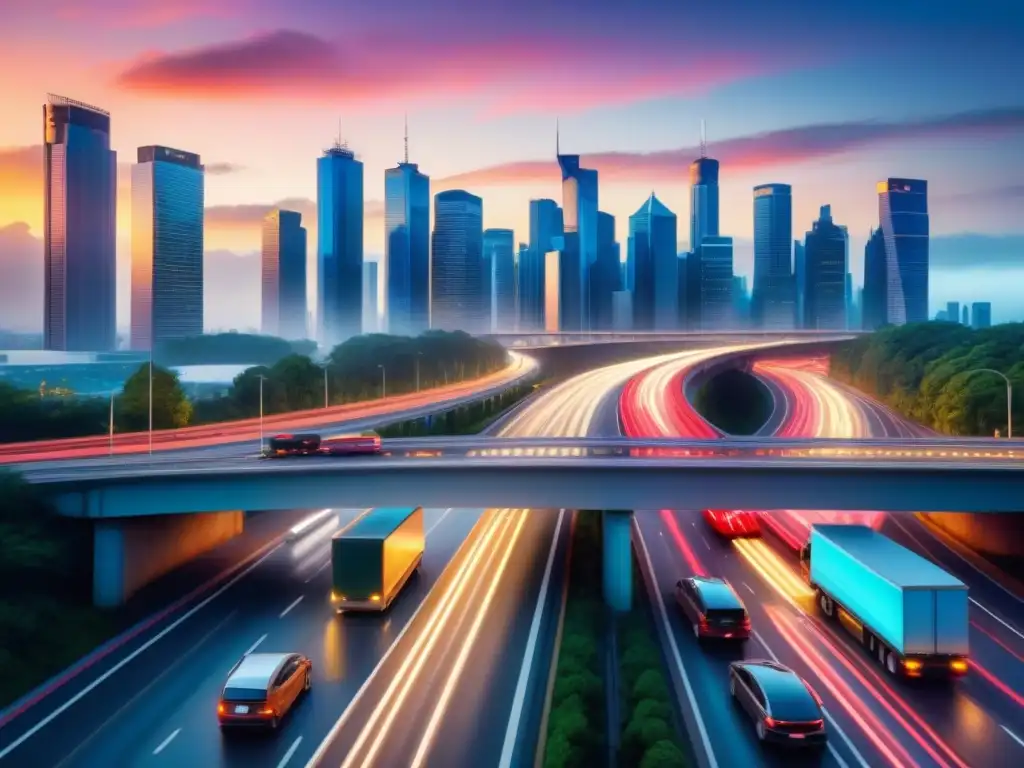 Flota diversa en autopista: gestión en tiempo real Gestión de flotas en tiempo real: Flota diversa en una autopista bulliciosa, moviéndose sincronizadamente entre rascacielos y puentes