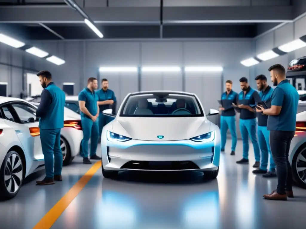 Entrenamiento de vehículos eléctricos: laboratorio del futuro La fuerza laboral de vehículos eléctricos se capacita en un taller futurista con tecnología de vanguardia y diversidad profesional