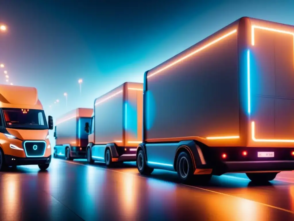 Centro logístico futurista: entrega eficiente con tecnología avanzada Futurista centro logístico con flota de camiones eléctricos bajo luces de neón, supervisados por equipo en alta tecnología
