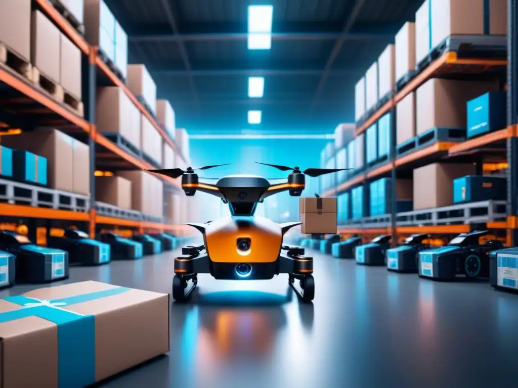 Flota de drones y vehículos autónomos optimizando logística de devoluciones Futurista gestión de devoluciones logística inversa con drones y vehículos autónomos en almacén ocupado