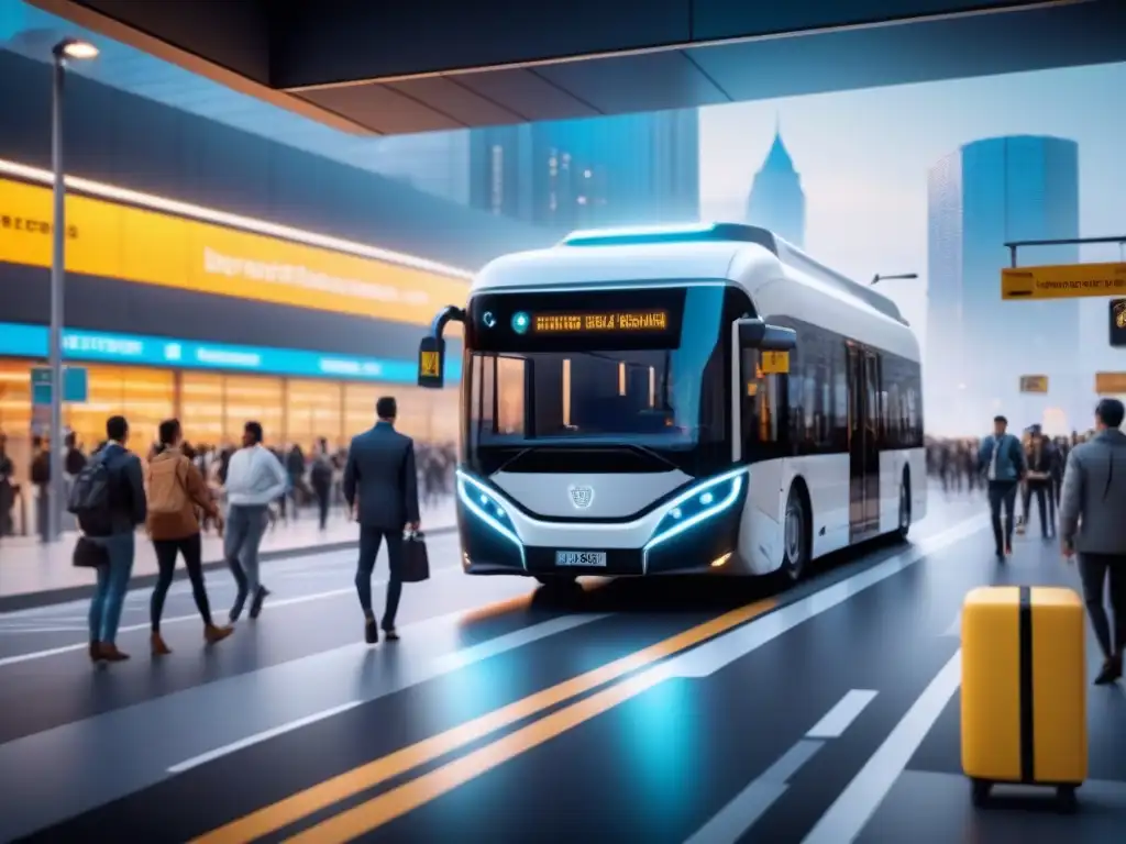 Transporte del futuro: buses autónomos, drones y ciclistas en acción Futurista hub de transporte multimodal: buses autónomos, drones y sensores en acción