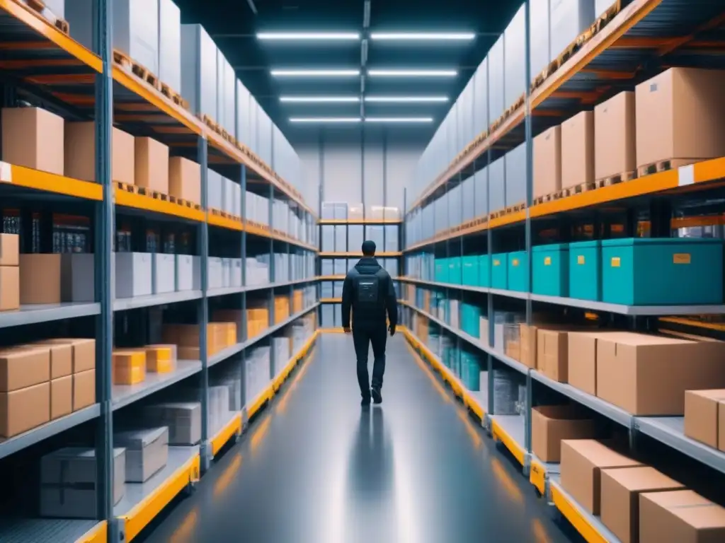 Almacén futurista: robots y IA revolucionan la logística Almacén futurista con IA en pronóstico de demanda: robots automatizados surcan pasillos llenos de estantes con productos