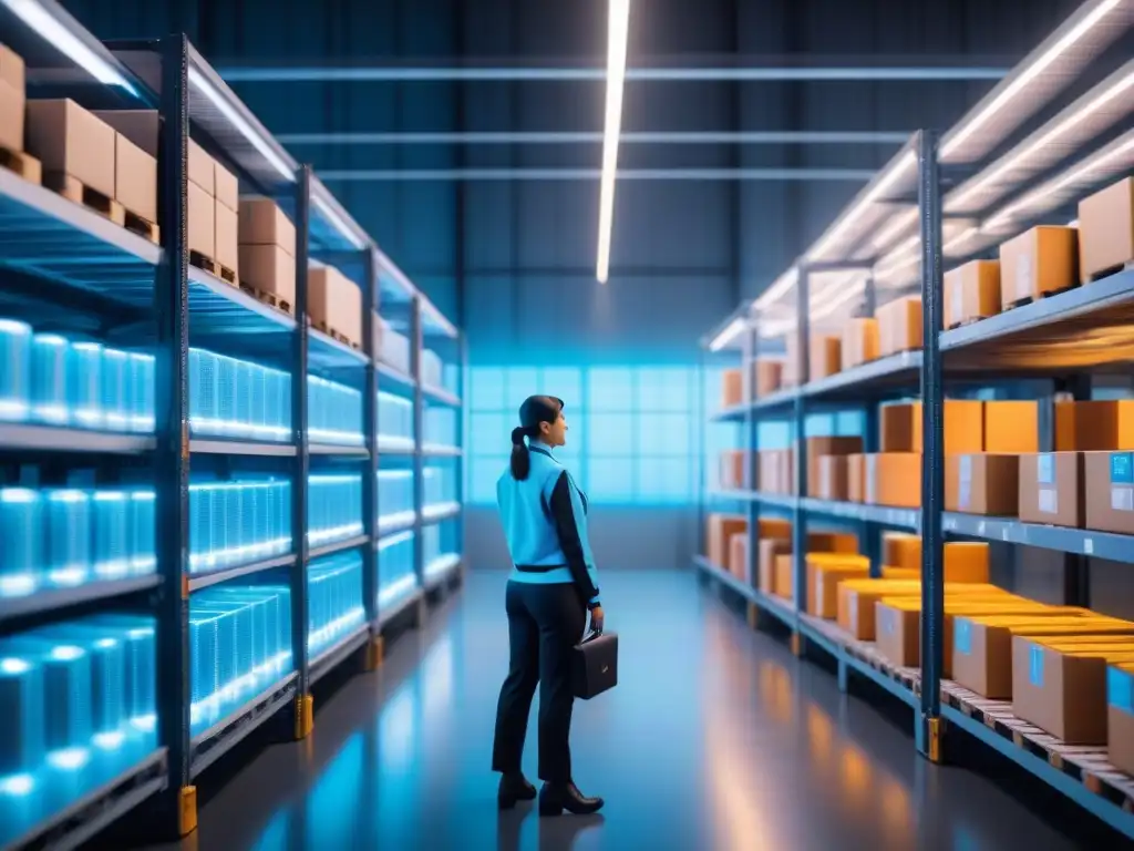 Almacén Futurista: Robots Autónomos y Blockchain Futurista almacén con robots autónomos y productos verificados en blockchain
