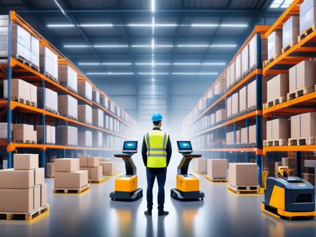 Almacén futurista: automatización y eficiencia en logística Almacén futurista con robots, tecnología y eficiencia