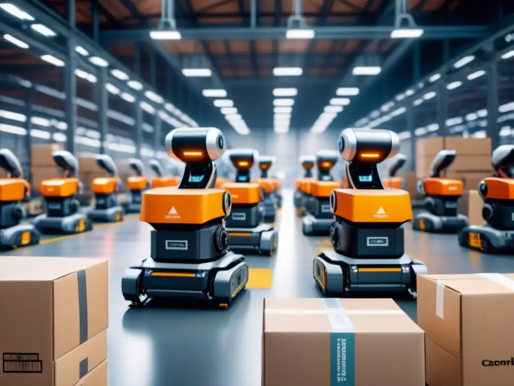 Almacén futurista con robots clasificando paquetes