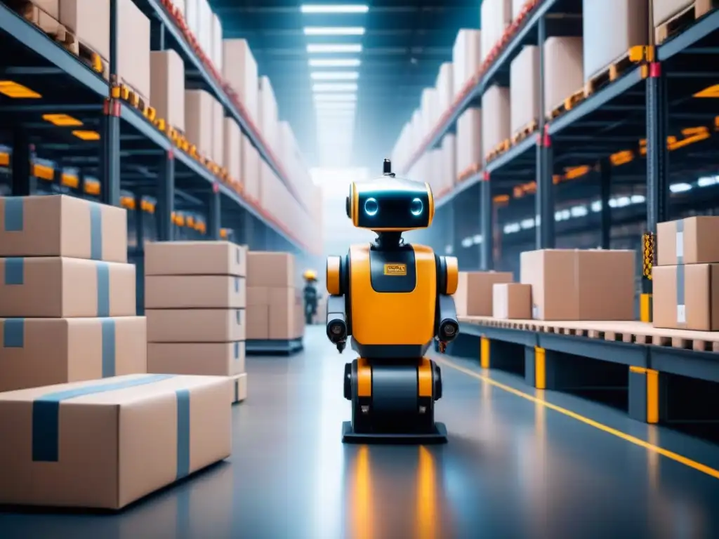 Almacén del futuro: robots automatizados y tecnología avanzada en acción Almacén futurista con robots y tecnologías emergentes en logística de comercio electrónico