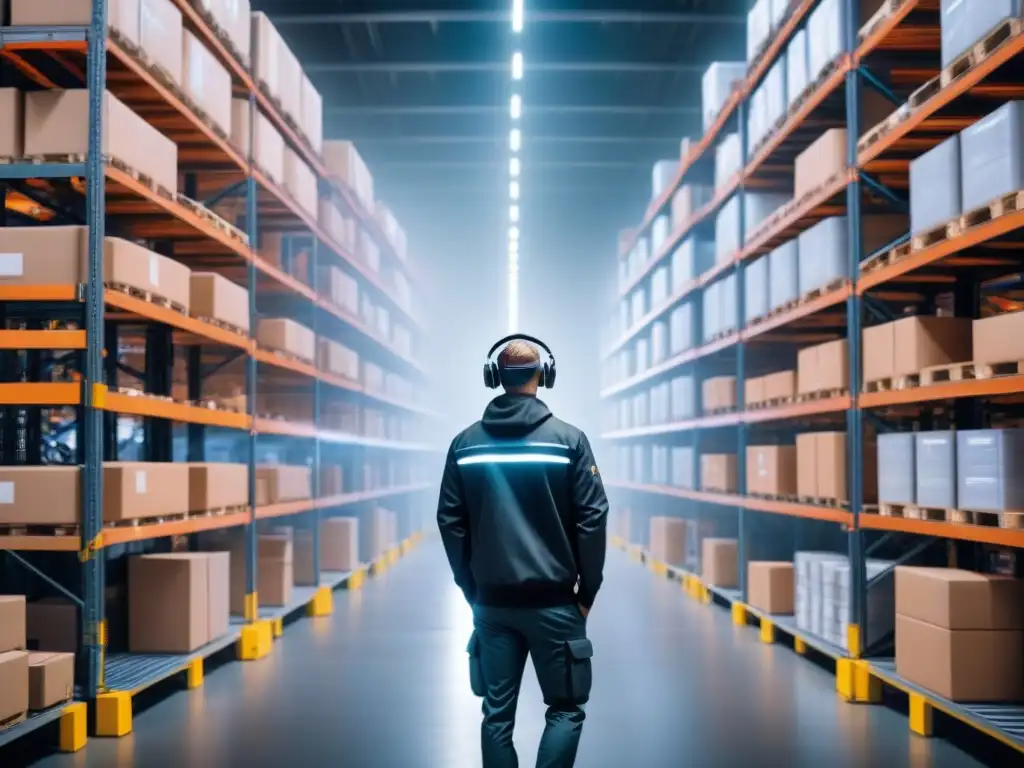 Almacén futurista con sensores avanzados en logística, drones y trabajadores en uniformes de alta tecnología