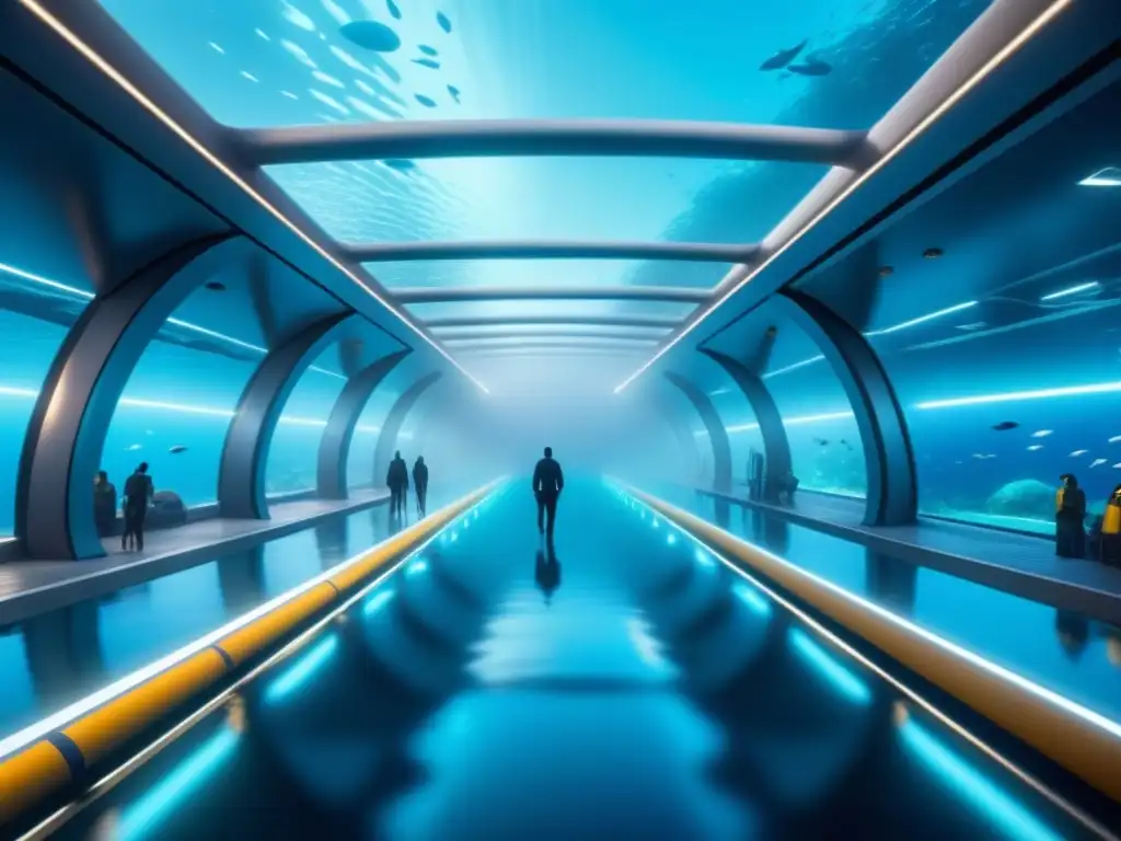 Hub de transporte submarino futurista: Red ecoeficiente Futurista transporte submarino: avanzada red de tubos transparentes iluminados por luces bioluminiscentes