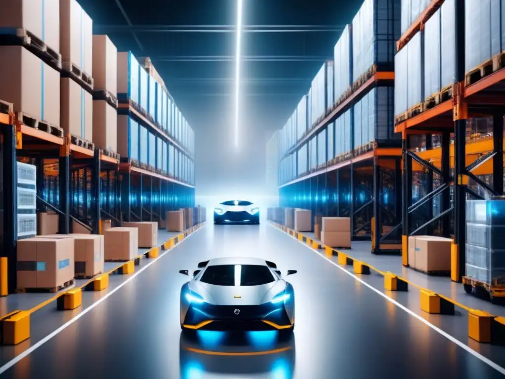 Futurista almacén con vehículos autónomos y tecnología de vanguardia Almacén futurista con vehículos autónomos de seguimiento en una escena de logística innovadora impulsada por IA y ML