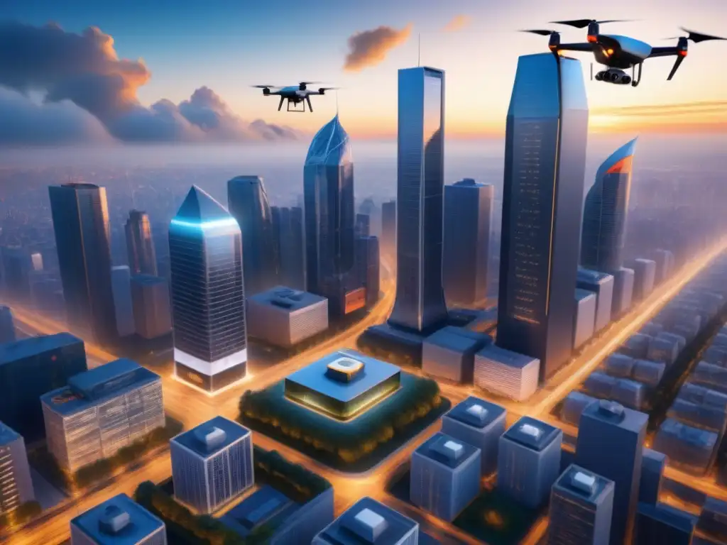 Logística futurista: drones de alta tecnología surcan la ciudad Un futuro brillante: Drones de transporte logístico eficiente surcando la ciudad entre rascacielos y espacios verdes