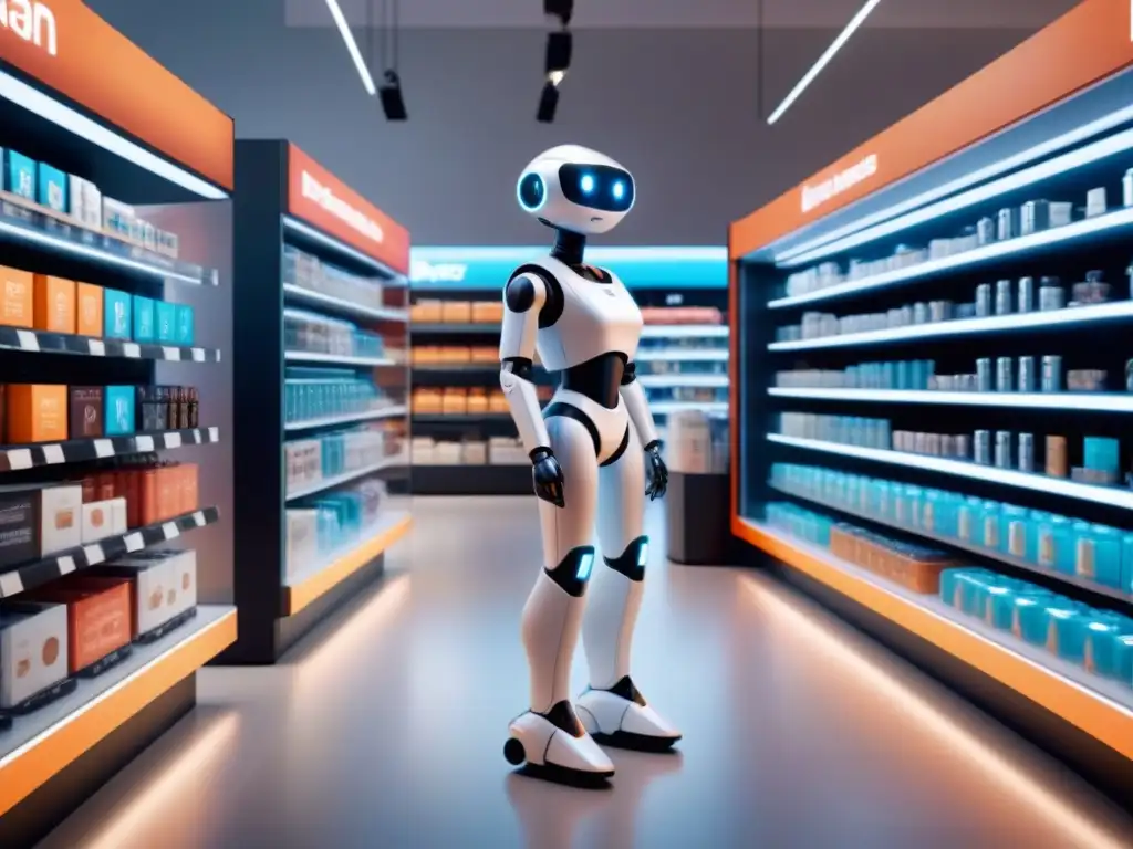 Escena futurista: Robots AI asisten a clientes en tienda Un futuro retail lleno de robots IA en personalización de compras, clientes diversos y tecnología integrada