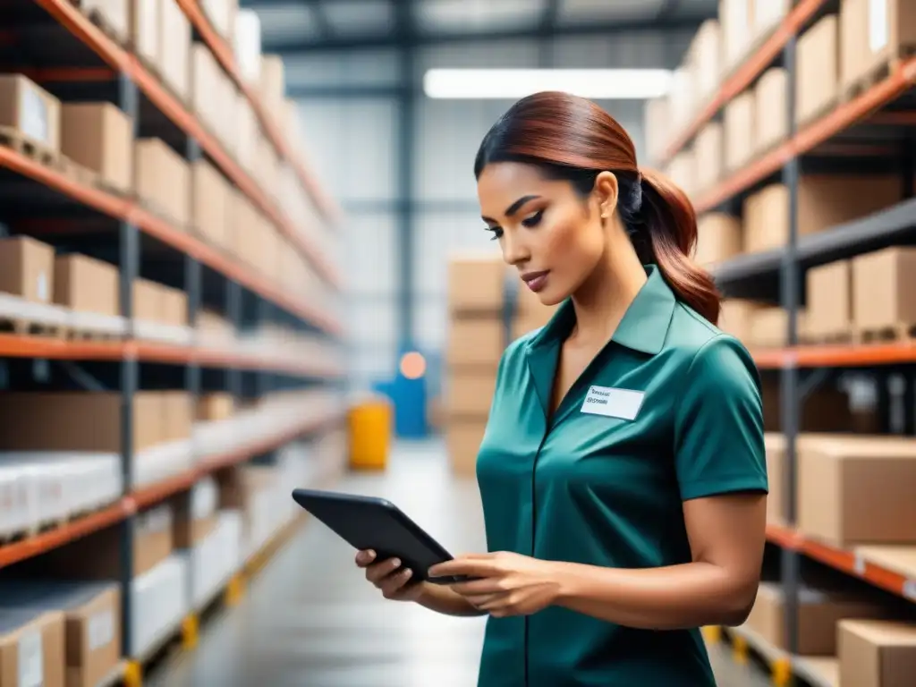 Gerente usando software innovador para gestionar devoluciones en almacén, con productos ordenados en estantes