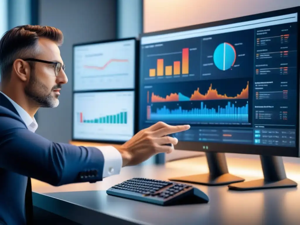 Decisión experta: seleccionando software de gestión de flotas Un gestor de flotas examina detalladamente software de gestión en pantalla, reflejando concentración y determinación